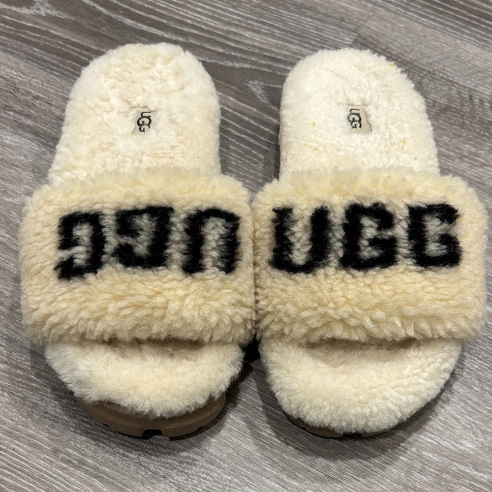 UGG Cream Shearling Logo Slide Slippers with Black Accent